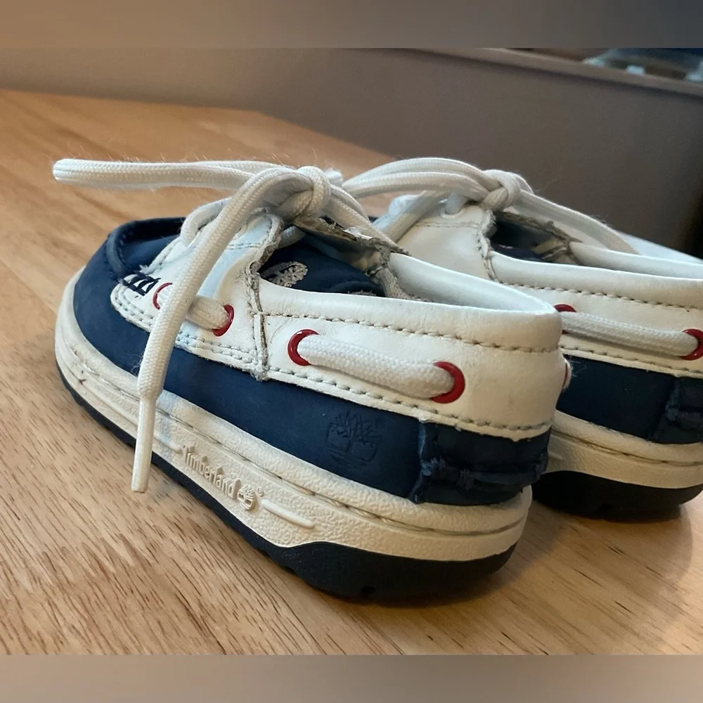 Timberland Baby Shoes Size 6 Blue White Red Lace Up Leather Boat Shoes Classic